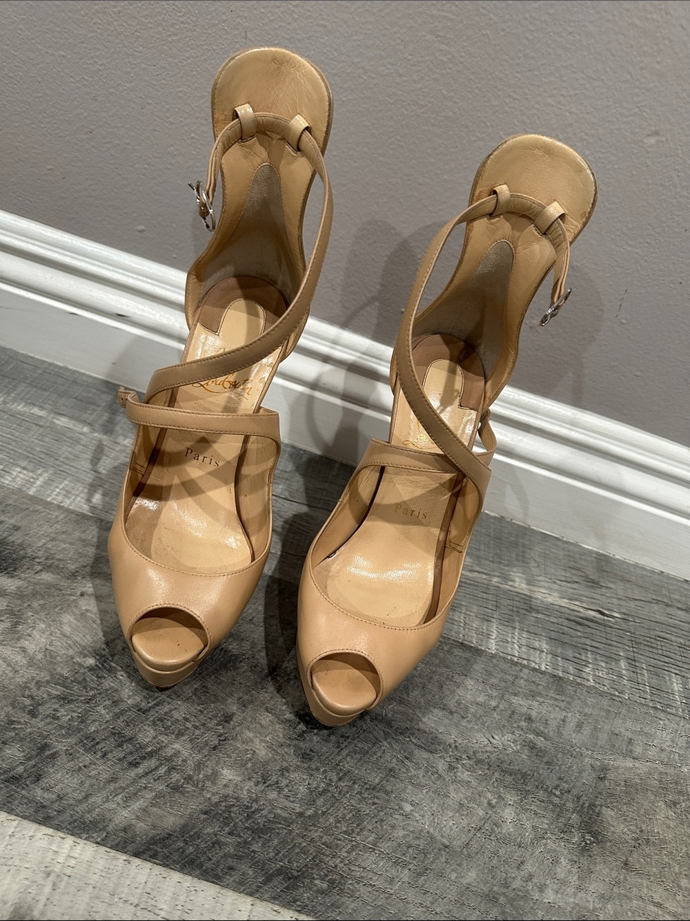 Christian Louboutin Nude/Tan Strappy Peep-Toe Heels